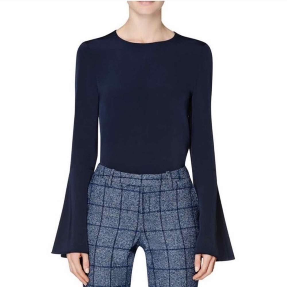 Suistudio 34 navy 100% silk flared long sleeve top